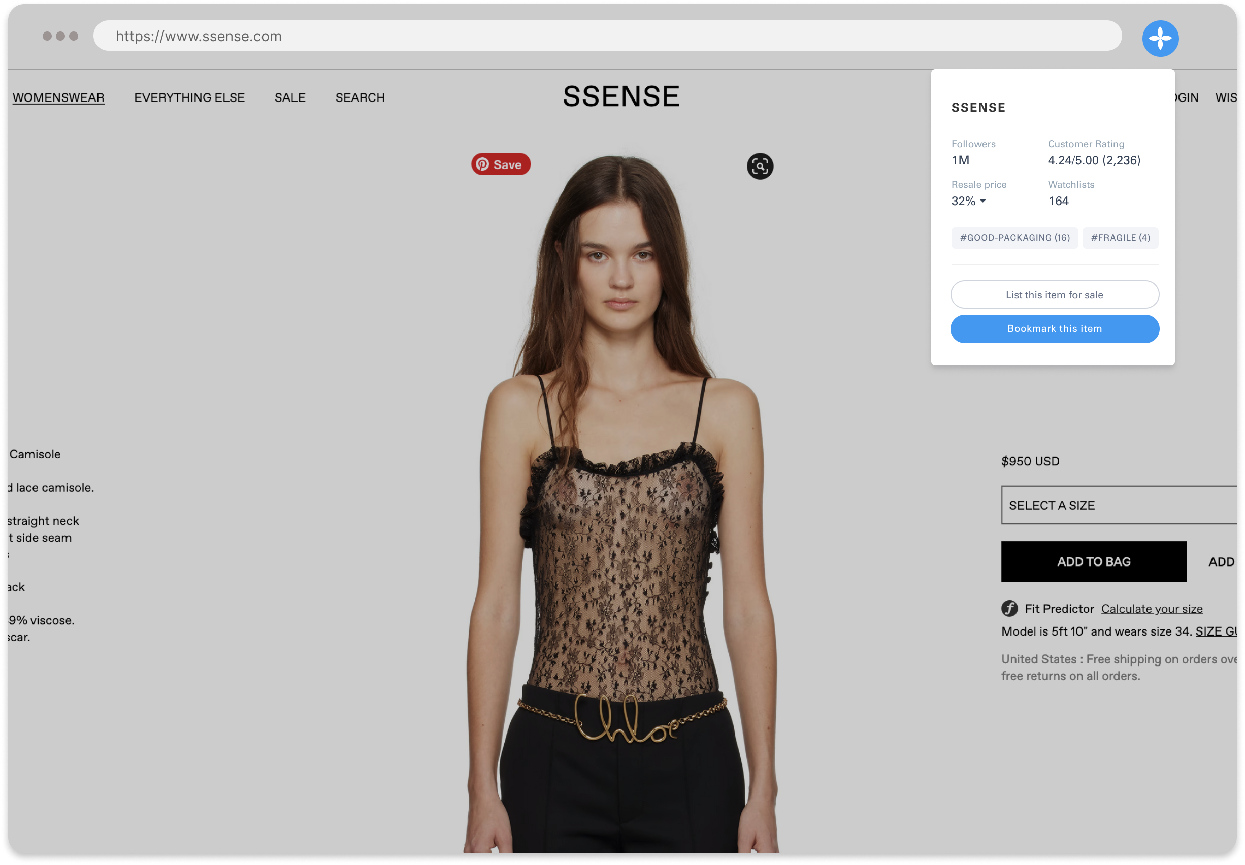 The Sloth Chrome Extension on SSENSE showing resale data overlay